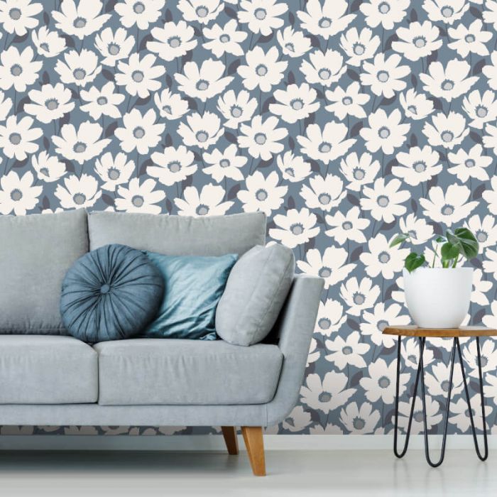 Mia Floral Metallic Wallpaper Blue