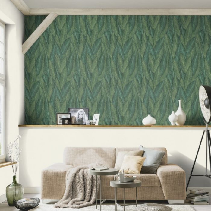 Textured Tropical Leaf Wallpaper - Green