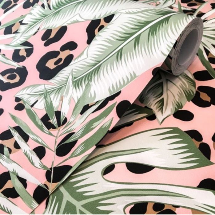 Tropical Leopard Skin Metallic Wallpaper - Pink/Green