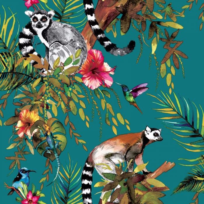 Lemur Jungle Metallic Wallpaper Teal