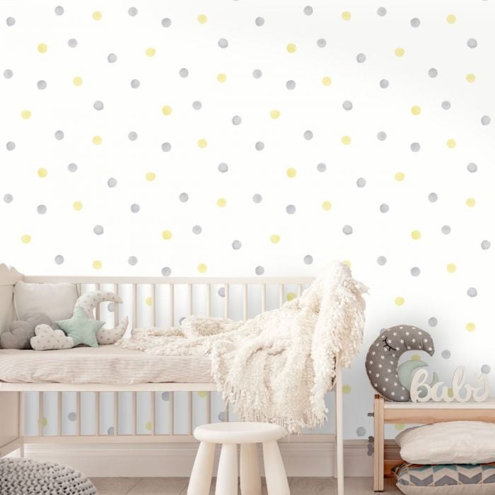 Watercolour Polka Dots Children's Wallpaper Yellow & Grey