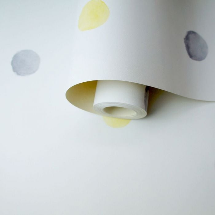 Watercolour Polka Dots Children's Wallpaper Yellow & Grey