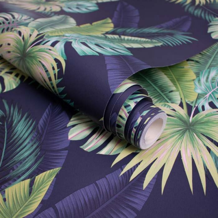 Miami Tropics Botanical Leaf Wallpaper Navy