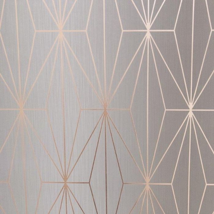 Kayla Metallic Geometric Wallpaper Light Grey & Rose Gold