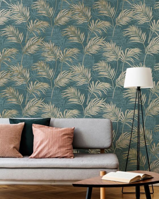 Grandeco Palm Leaf All-Over Wallpaper - Teal