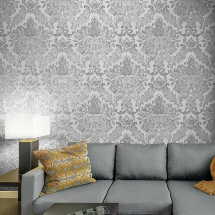 Luxury Metallic Damask Wallpaper Grey