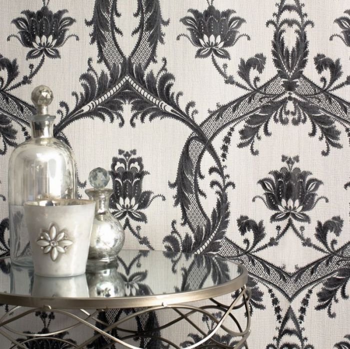 Milano Textured Glitter Damask Wallpaper -  Ivory & Black