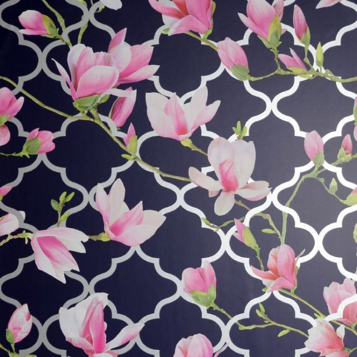 Magnolia Trellis Floral Wallpaper Navy