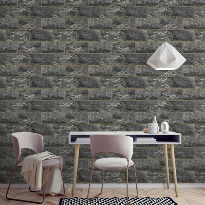Marble Brick Tile Effect Wallpaper - Charcoal/Gold