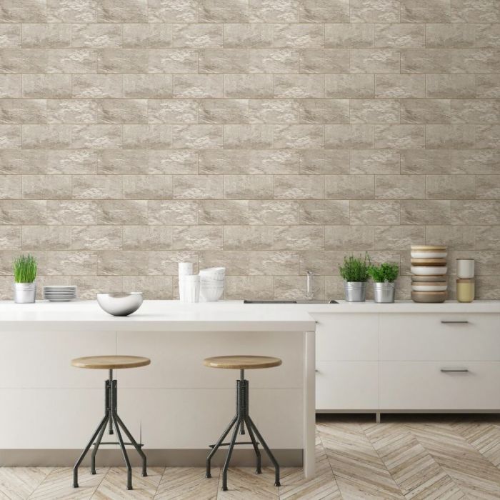 Marble Brick Tile Effect Wallpaper - Cream/Gold