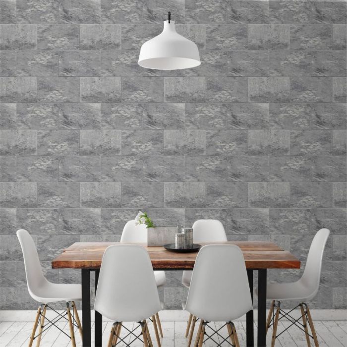 Marble Brick Tile Effect Wallpaper - Charcoal/Silver