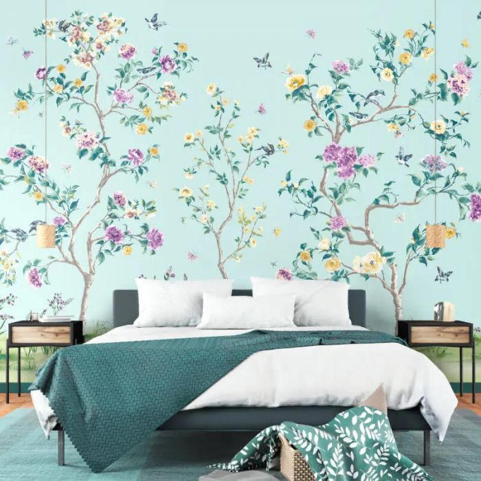 Origin Oriental Flower Tree Wall Mural Blue