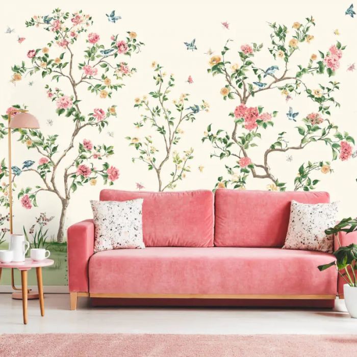 Origin Oriental Flower Tree Wall Mural Cream & Red
