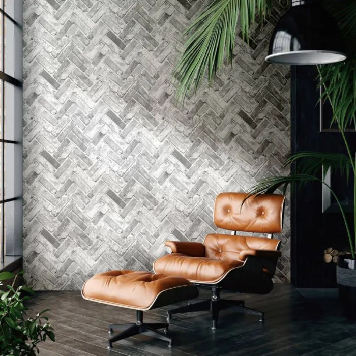 Herringbone Brick Effect Wallpaper Grey