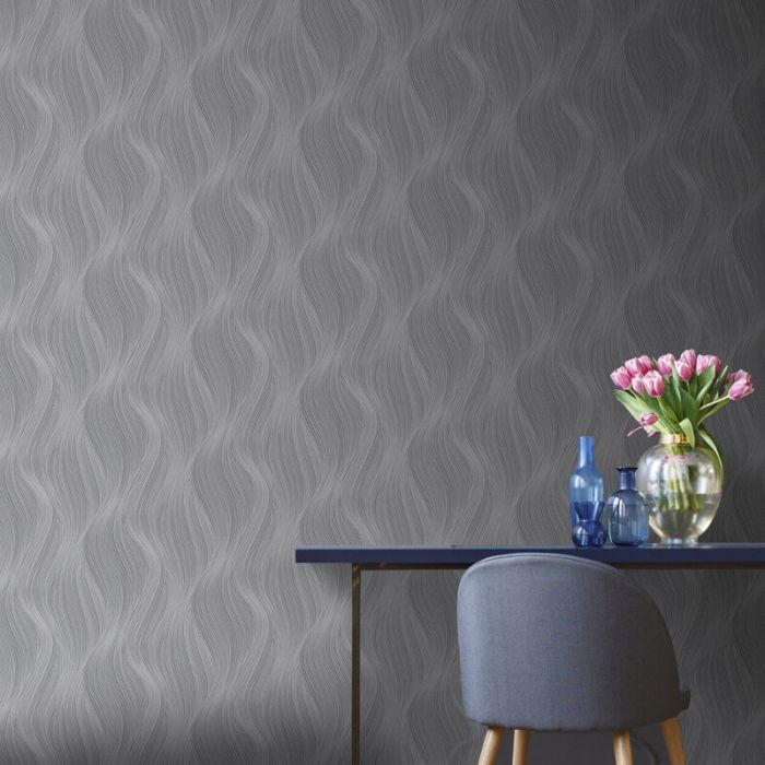 Orla Wave Glitter Wallpaper Slate Grey