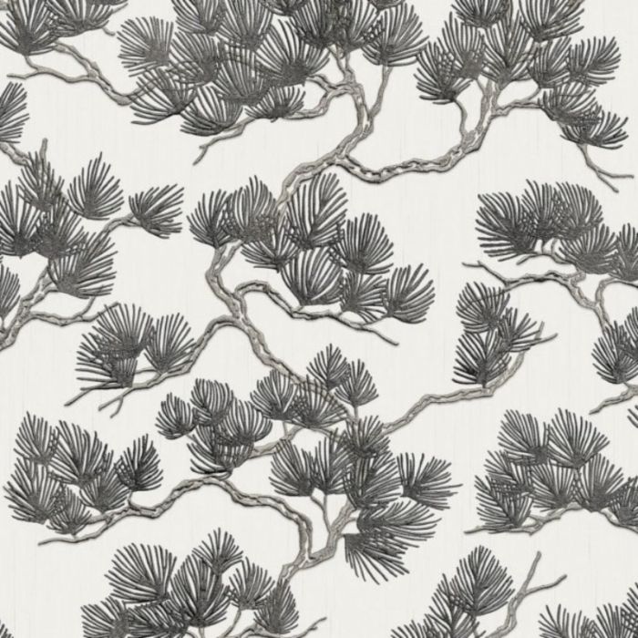 Oriental Pine Tree Metallic Black And White Wallpaper 