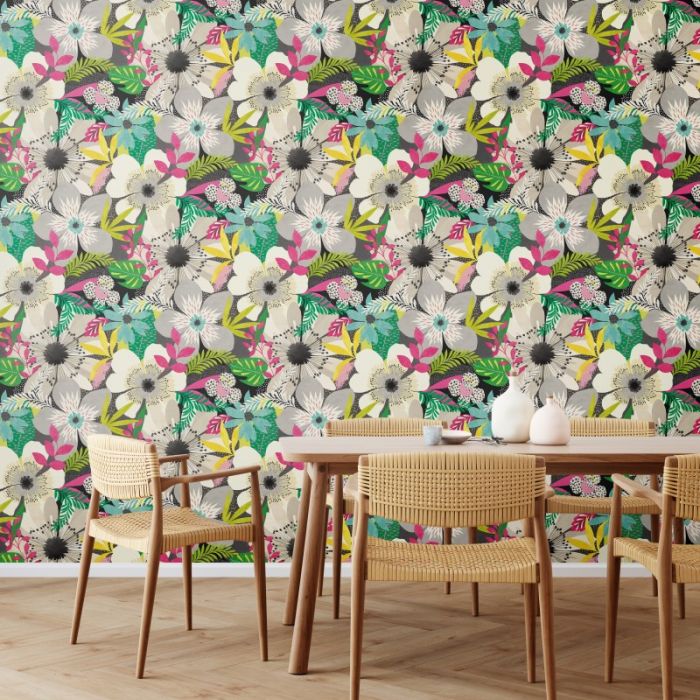 Ohpopsi Floral Riot Wallpaper Chalk & Carbon