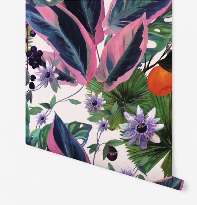 Exotic Passion Flower & Fruit Printed Wallpaper - White