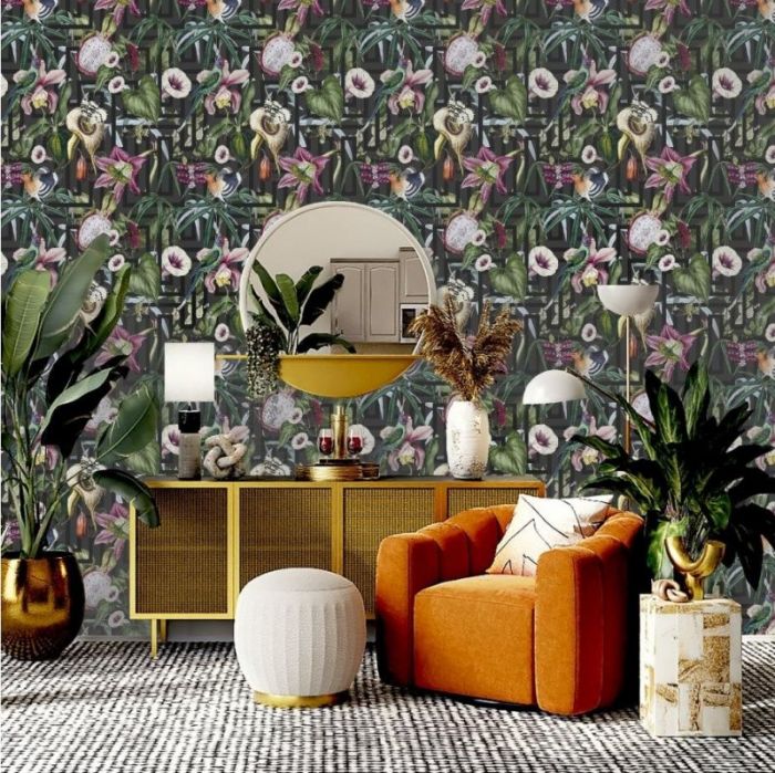 Paul Moneypenny Tropical Infinity Floral Black Wallpaper 