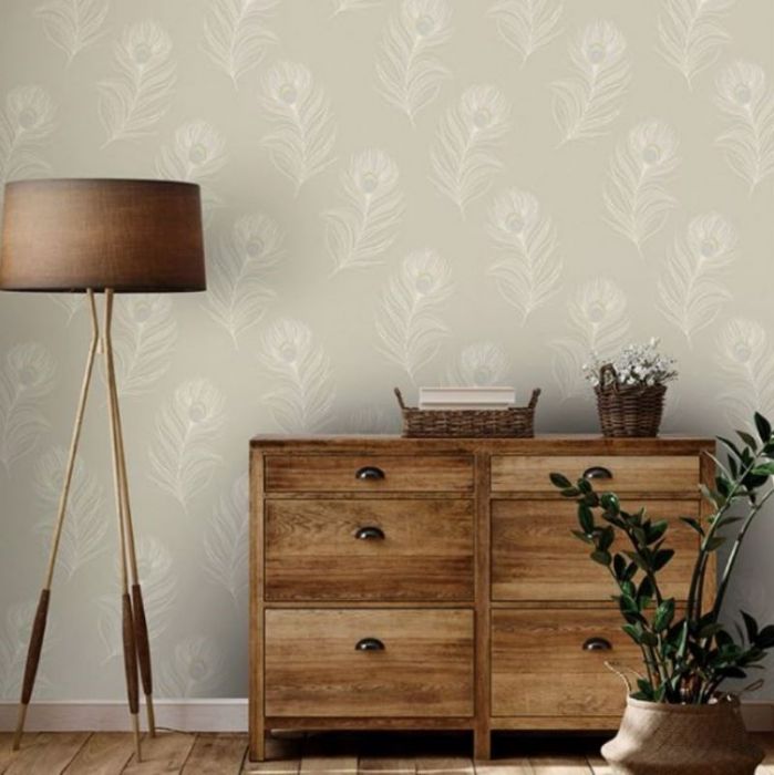 Pavona Peacock Feather Wallpaper Taupe