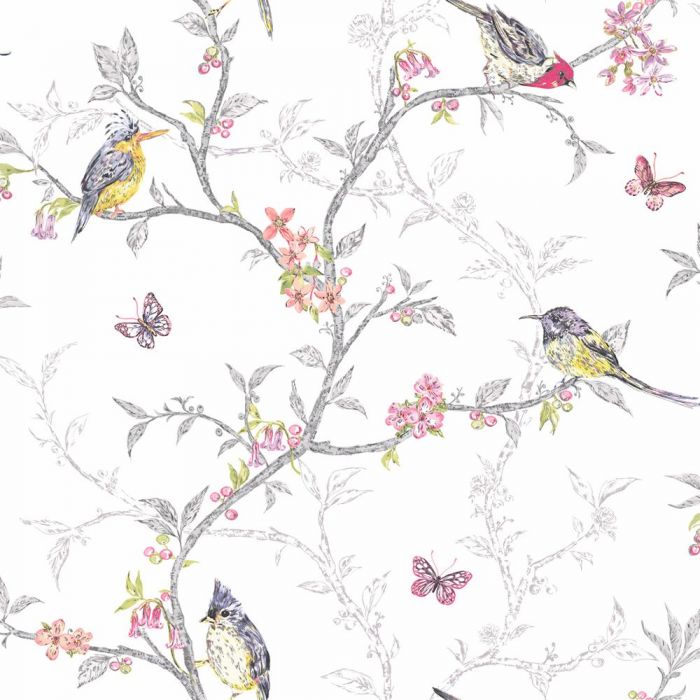 Phoebe Birds Wallpaper White
