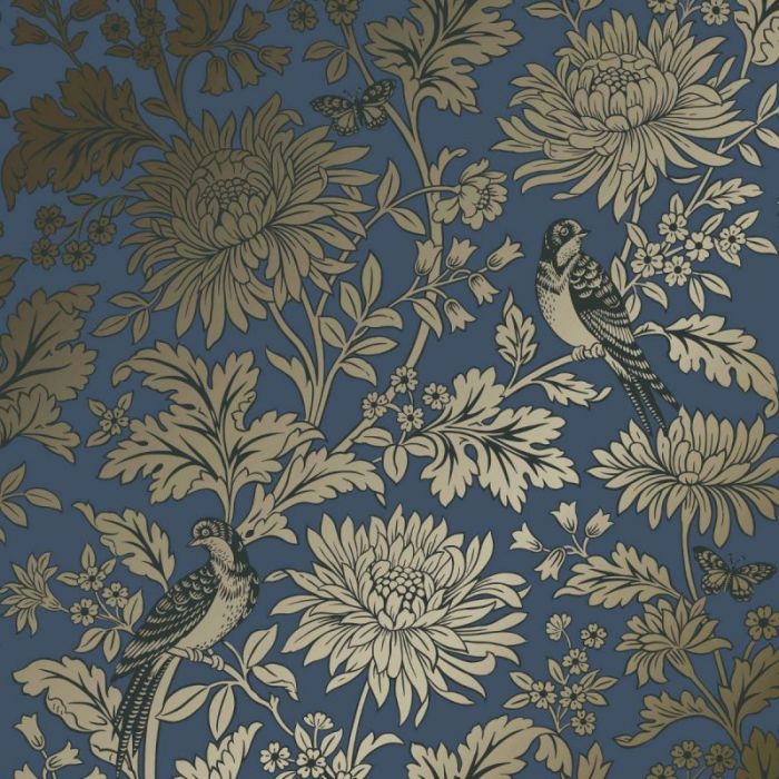 Vintage Metallic Floral & Birds Wallpaper Navy/Gold