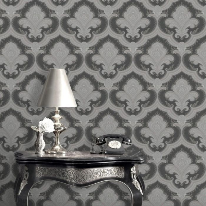 Sassari Damask Wallpaper Black & Grey
