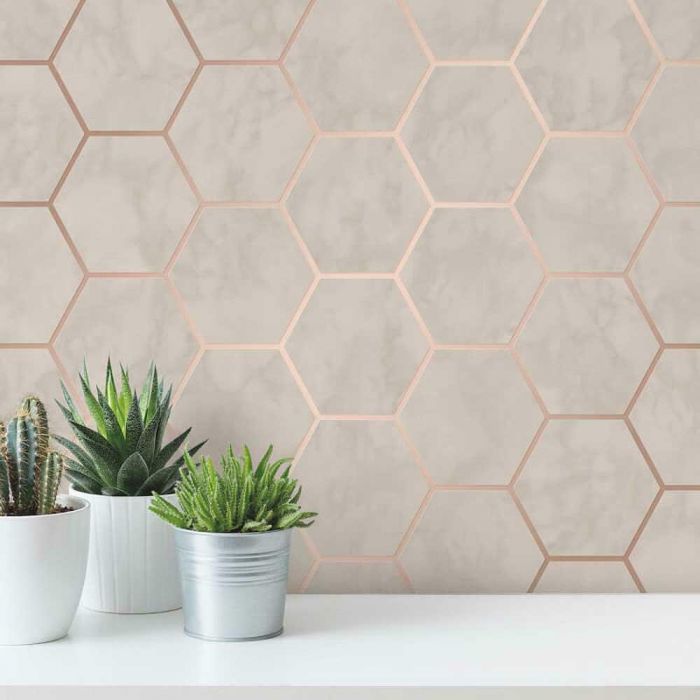 Metro Hexagon Marble Metallic Wallpaper Rose Gold
