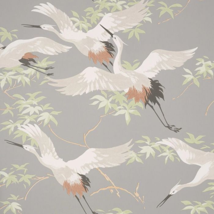Cranes Bird Printed Wallpaper Grey