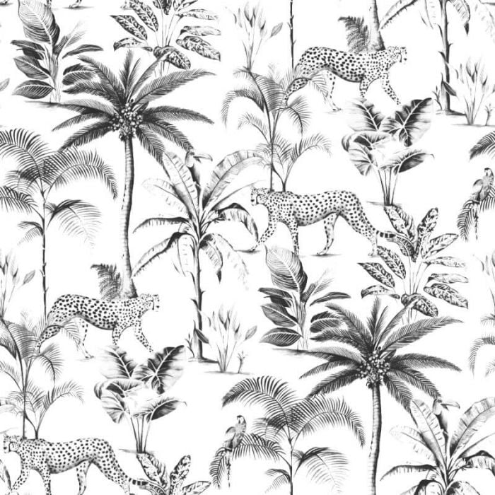 Savannah Leopard Palm Tree Wallpaper Black and White | Animal Wallpaper