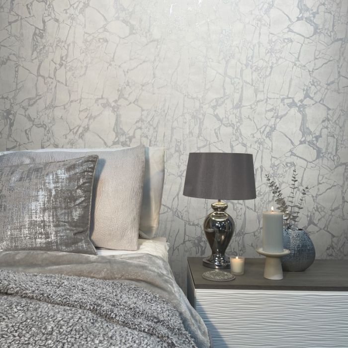 Enzo Metallic Marble Wallpaper White and Silver