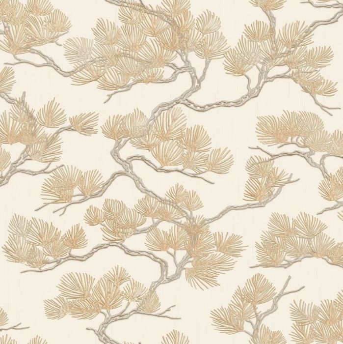 Oriental Pine Tree Metallic Cream And Gold Wallpaper 