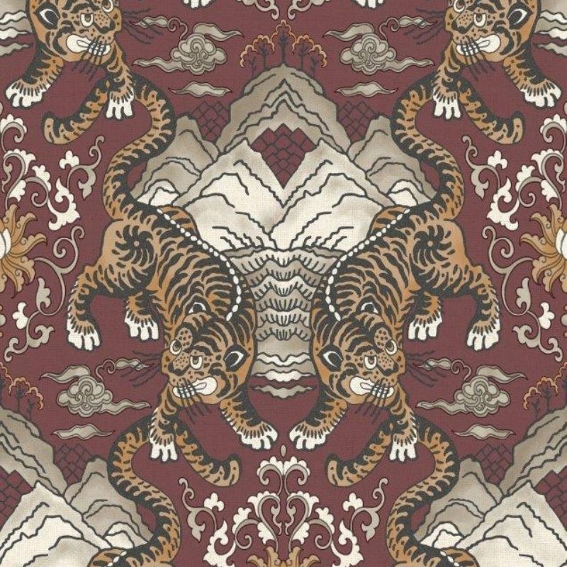 Tora Oriental Tiger Wallpaper Maroon