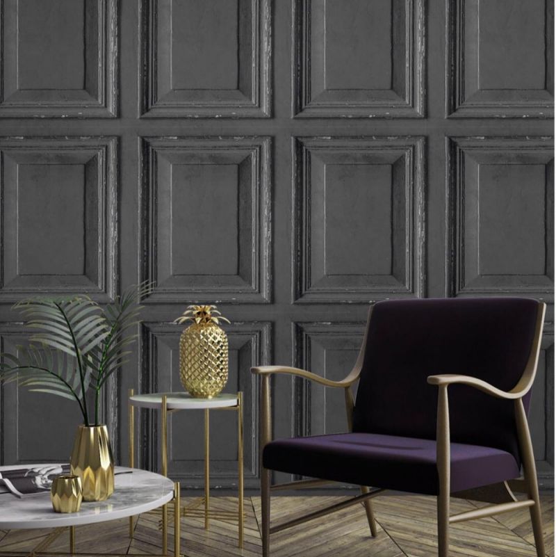 Wood Panels Faux Effect Black Wallpaper 